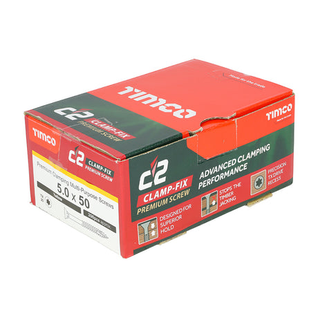 This is an image of Timco - C2 Clamp-Fix Screws - TX - Double Countersunk with Ribs - Twin-Cut - Yellow 5.0 x 50mm - (200 PCS Box) 50050C2C