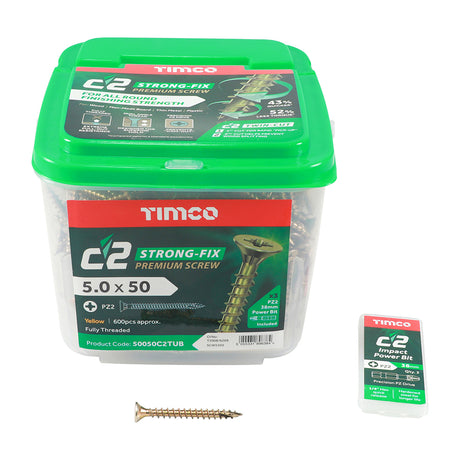 This is an image of Timco - C2 Strong-Fix Screws - PZ - Double Countersunk - Twin-Cut - Yellow 5.0 x 50mm - (600 PCS Tub) 50050C2TUB