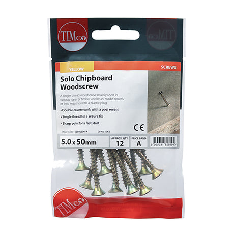 This is an image of Timco - Solo Woodscrews - PZ - Double Countersunk - Yellow 5.0 x 50mm - (12 PCS TIMpac) 50050CHYP