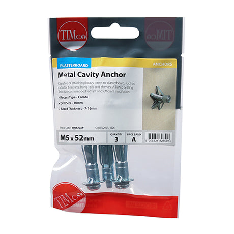 This is an image of Timco - Metal Cavity Anchors - Zinc M5 x 52 (60mm Screw) - (3 PCS TIMpac) 50052CAP