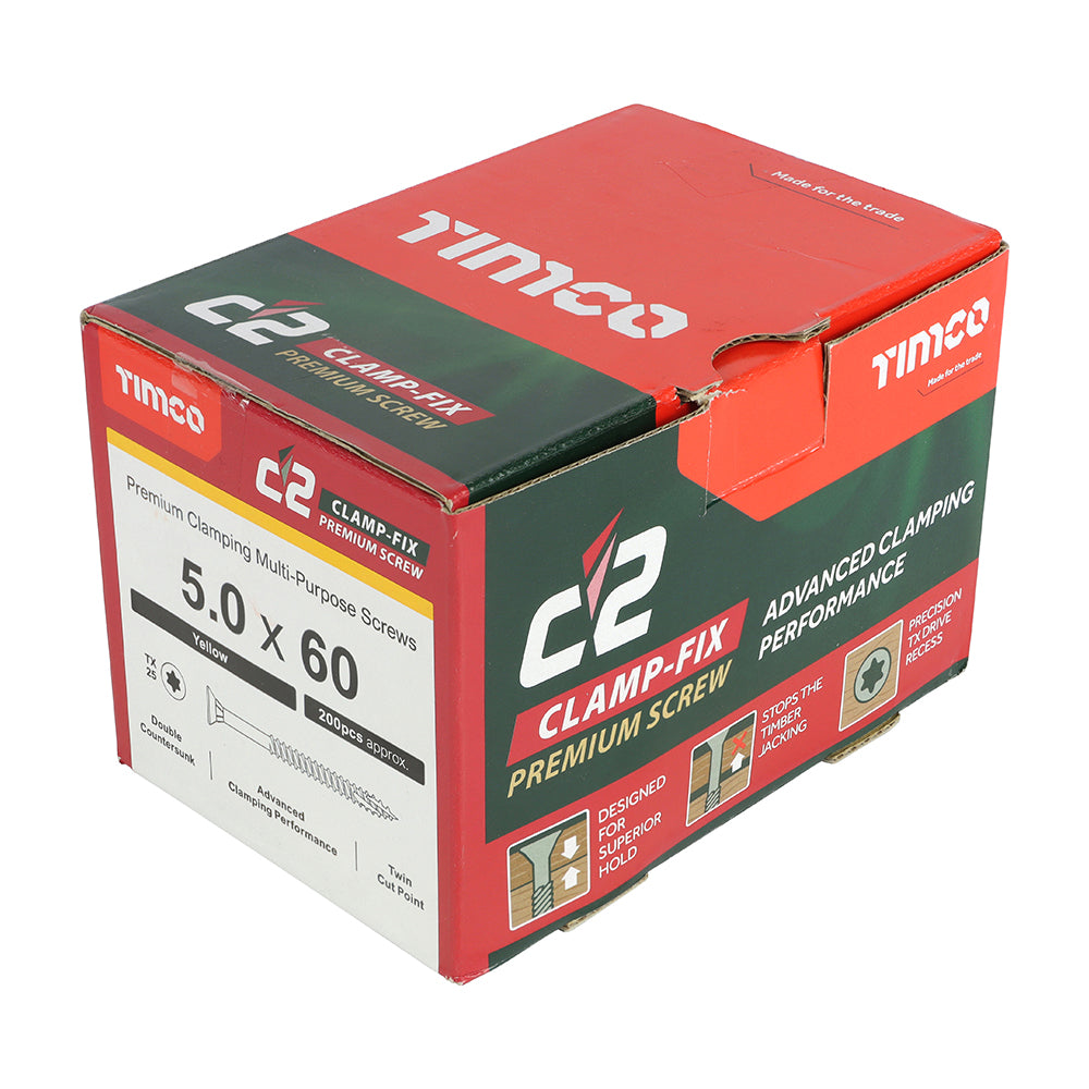 This is an image of Timco - C2 Clamp-Fix Screws - TX - Double Countersunk with Ribs - Twin-Cut - Yellow 5.0 x 60mm - (200 PCS Box) 50060C2C