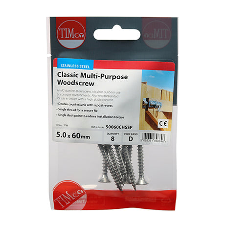 This is an image of Timco - Classic Multi-Purpose Screws - PZ - Double Countersunk - Stainless Steel 5.0 x 60mm - (8 PCS TIMpac) 50060CHSSP