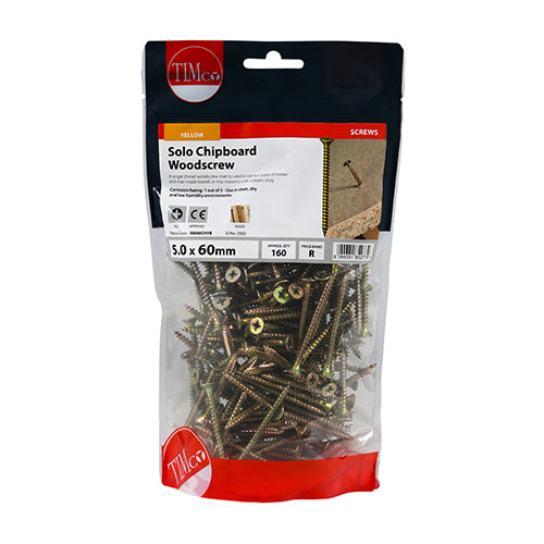 This is an image of Timco - Solo Woodscrews - PZ - Double Countersunk - Yellow 5.0 x 60mm - (160 PCS TIMbag) 50060CHYB