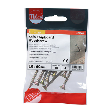 This is an image of Timco - Solo Woodscrews - PZ - Double Countersunk - Yellow 5.0 x 60mm - (10 PCS TIMpac) 50060CHYP