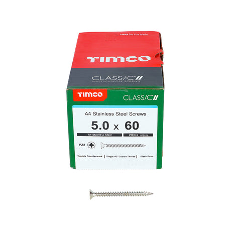 This is an image of Timco - Classic Multi-Purpose Screws - PZ - Double Countersunk - A4 Stainless Steel 5.0 x 60mm - (200 PCS Box) 50060CLA4