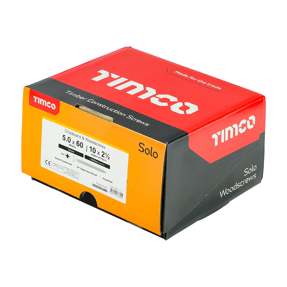 This is an image of Timco - Solo Chipboard & Woodscrews - Industry Pack - PZ - Double Countersunk - Yellow 5.0 x 60mm - (1000 PCS Box) 50060SOLOIND