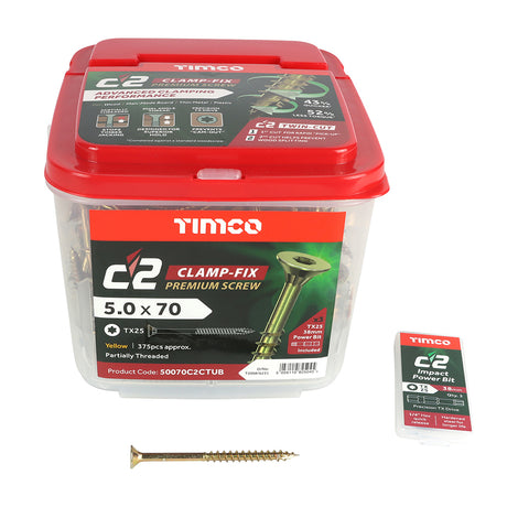 This is an image of Timco - C2 Clamp-Fix Screws - TX - Double Countersunk with Ribs - Twin-Cut - Yellow 5.0 x 70mm - (375 PCS Tub) 50070C2CTUB