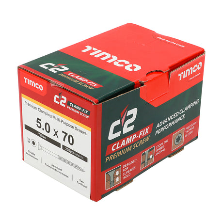 This is an image of Timco - C2 Clamp-Fix Screws - TX - Double Countersunk with Ribs - Twin-Cut - Yellow 5.0 x 70mm - (200 PCS Box) 50070C2C