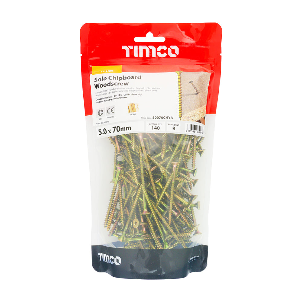 This is an image of Timco - Solo Woodscrews - PZ - Double Countersunk - Yellow 5.0 x 70mm - (140 PCS TIMbag) 50070CHYB
