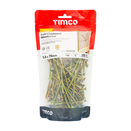This is an image of Timco - Solo Woodscrews - PZ - Double Countersunk - Yellow 5.0 x 70mm - (140 PCS TIMbag) 50070CHYB