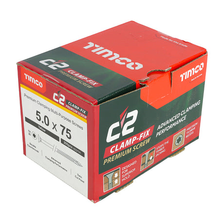 This is an image of Timco - C2 Clamp-Fix Screws - TX - Double Countersunk with Ribs - Twin-Cut - Yellow 5.0 x 75mm - (200 PCS Box) 50075C2C