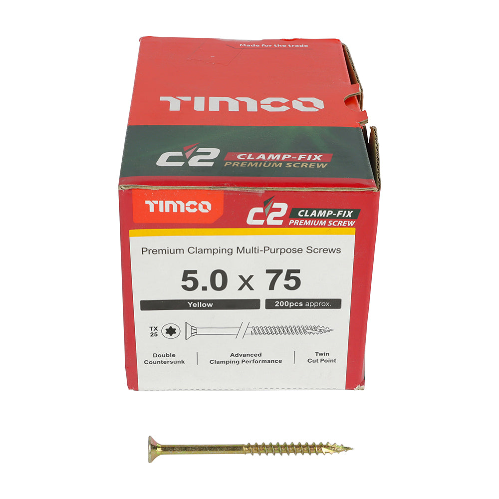 This is an image of Timco - C2 Clamp-Fix Screws - TX - Double Countersunk with Ribs - Twin-Cut - Yellow 5.0 x 75mm - (200 PCS Box) 50075C2C