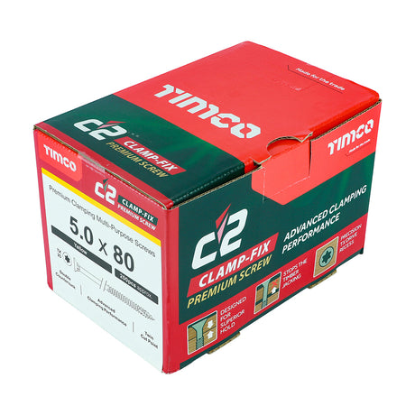 This is an image of Timco - C2 Clamp-Fix Screws - TX - Double Countersunk with Ribs - Twin-Cut - Yellow 5.0 x 80mm - (200 PCS Box) 50080C2C