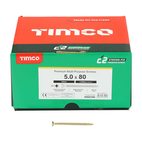 This is an image of Timco - C2 Strong-Fix Screws - PZ - Double Countersunk - Twin-Cut - Yellow 5.0 x 80mm - (1000 PCS Box) 50080C2IND