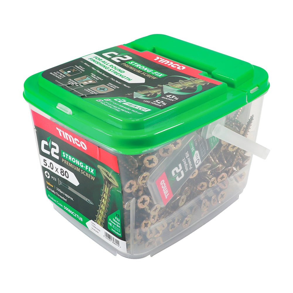 This is an image of Timco - C2 Strong-Fix Screws - PZ - Double Countersunk - Twin-Cut - Yellow 5.0 x 80mm - (350 PCS Tub) 50080C2TUB