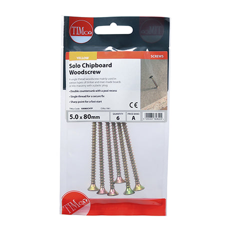This is an image of Timco - Solo Woodscrews - PZ - Double Countersunk - Yellow 5.0 x 80mm - (6 PCS TIMpac) 50080CHYP