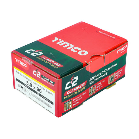 This is an image of Timco - C2 Clamp-Fix Screws - TX - Double Countersunk with Ribs - Twin-Cut - Yellow 5.0 x 90mm - (100 PCS Box) 50090C2C