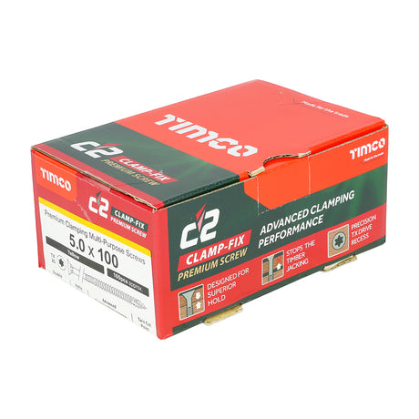 This is an image of Timco - C2 Clamp-Fix Screws - TX - Double Countersunk with Ribs - Twin-Cut - Yellow 5.0 x 100mm - (100 PCS Box) 50100C2C