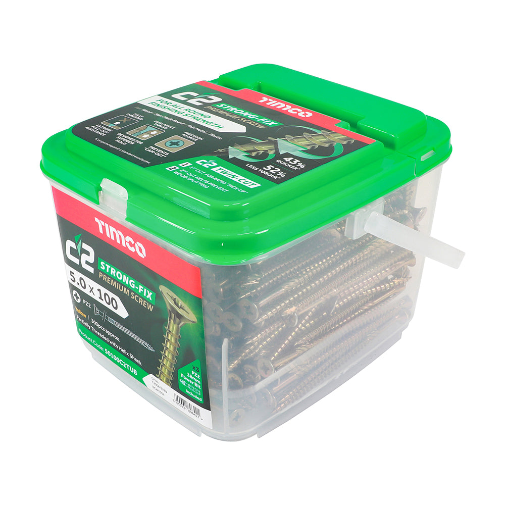 This is an image of Timco - C2 Strong-Fix Screws - PZ - Double Countersunk - Twin-Cut - Yellow 5.0 x 100mm - (300 PCS Tub) 50100C2TUB