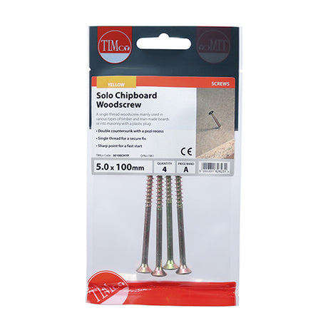 This is an image of Timco - Solo Woodscrews - PZ - Double Countersunk - Yellow 5.0 x 100mm - (4 PCS TIMpac) 50100CHYP