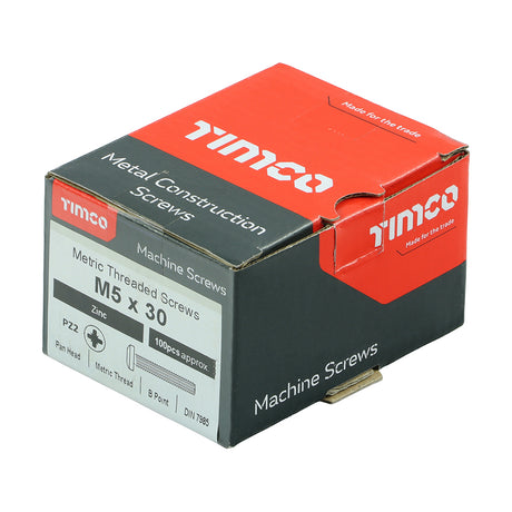This is an image of Timco - Metric Threaded Machine Screws - PZ - Pan Head - Zinc M5 x 30mm - (100 PCS Box) 5030PPM