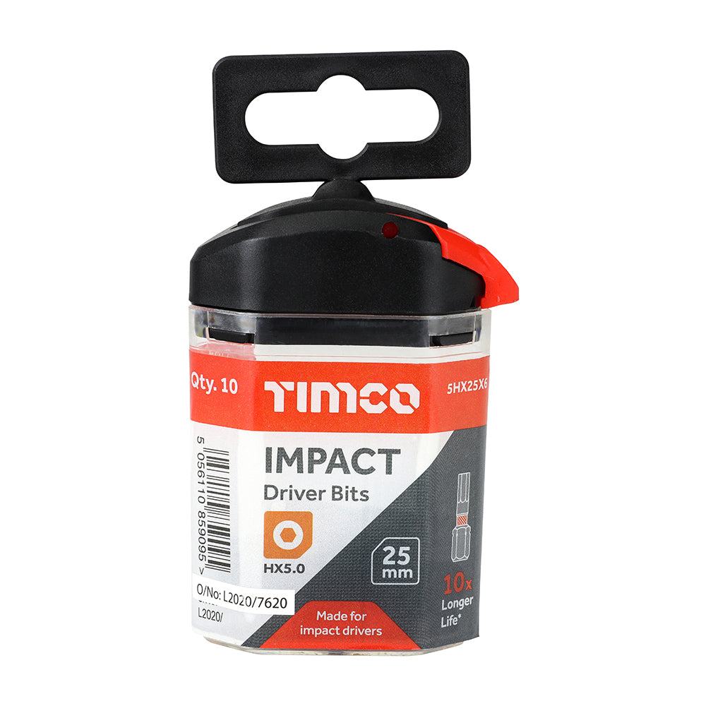 This is an image of Timco - Impact Driver Bits - Hex 5.0 x 25 (10 Pieces Handy Bit Pack) 5HX25X6