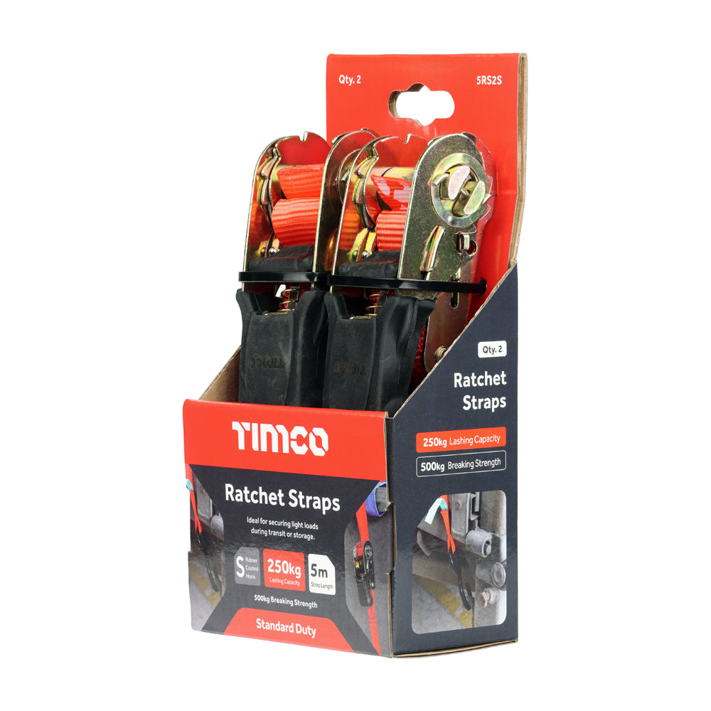 This is an image of Timco - Ratchet Straps - S Hook - Standard Duty 5m x 25mm (2 Pieces Box) 5RS2S