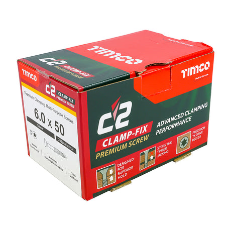 This is an image of Timco - C2 Clamp-Fix Screws - TX - Double Countersunk with Ribs - Twin-Cut - Yellow 6.0 x 50mm - (200 PCS Box) 60050C2C