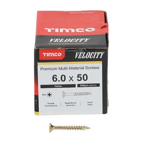 This is an image of Timco - Velocity Premium Multi-Use Screws - PZ - Double Countersunk - Yellow 6.0 x 50mm - (200 PCS Box) 60050VY