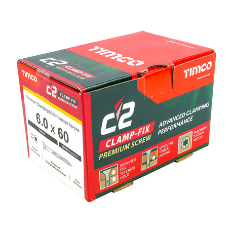 This is an image of Timco - C2 Clamp-Fix Screws - TX - Double Countersunk with Ribs - Twin-Cut - Yellow 6.0 x 60mm - (200 PCS Box) 60060C2C
