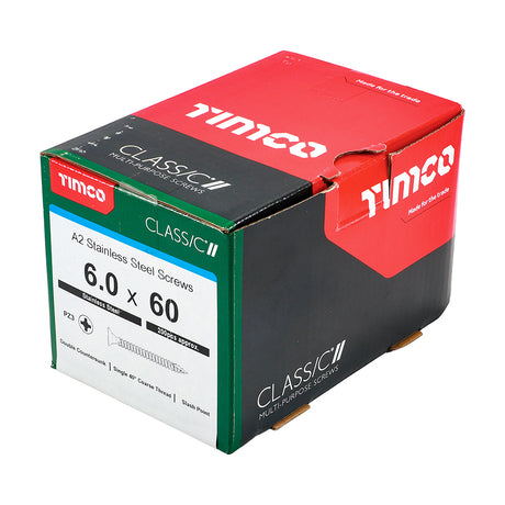 This is an image of Timco - Classic Multi-Purpose Screws - PZ - Double Countersunk - A2 Stainless Steel 6.0 x 60mm - (200 PCS Box) 60060CLASS