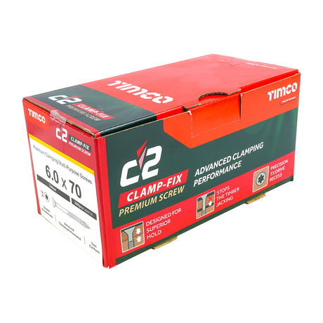 This is an image of Timco - C2 Clamp-Fix Screws - TX - Double Countersunk with Ribs - Twin-Cut - Yellow 6.0 x 70mm - (200 PCS Box) 60070C2C