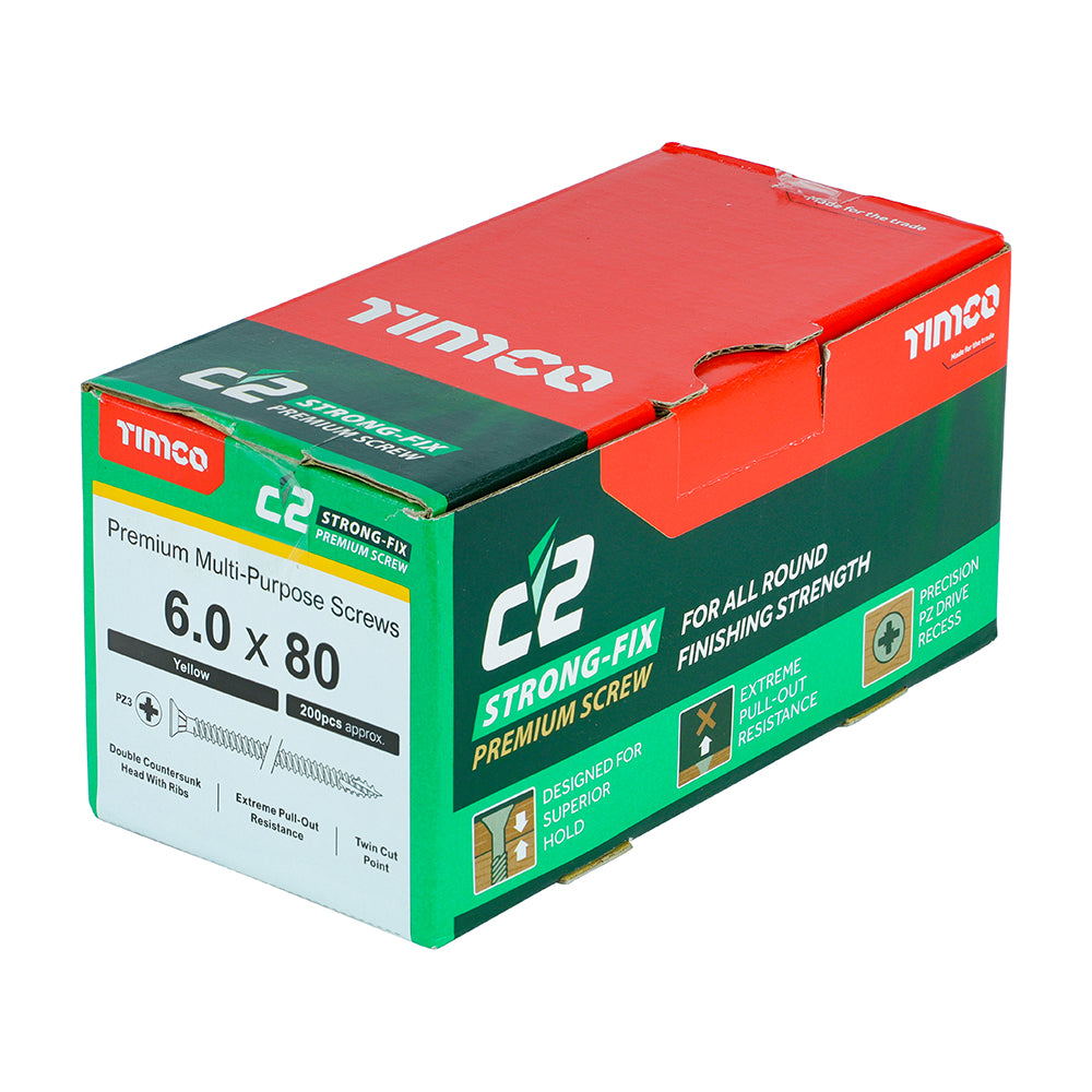 This is an image of Timco - C2 Strong-Fix Screws - PZ - Double Countersunk - Twin-Cut - Yellow 6.0 x 80mm - (200 PCS Box) 60080C2