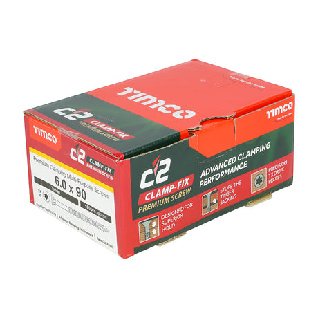 This is an image of Timco - C2 Clamp-Fix Screws - TX - Double Countersunk with Ribs - Twin-Cut - Yellow 6.0 x 90mm - (100 PCS Box) 60090C2C