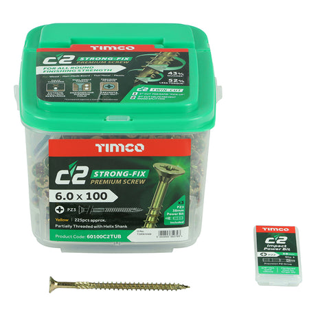 This is an image of Timco - C2 Strong-Fix Screws - PZ - Double Countersunk - Twin-Cut - Yellow 6.0 x 100mm - (225 PCS Tub) 60100C2TUB