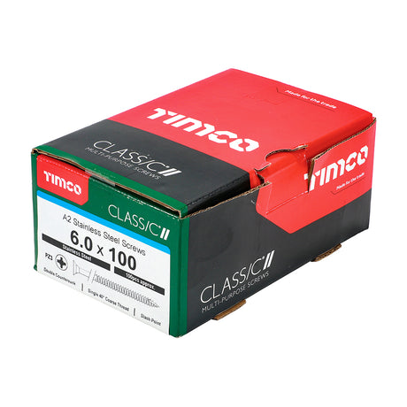 This is an image of Timco - Classic Multi-Purpose Screws - PZ - Double Countersunk - A2 Stainless Steel 6.0 x 100mm - (100 PCS Box) 60100CLASS