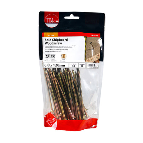 This is an image of Timco - Solo Woodscrews - PZ - Double Countersunk - Yellow 6.0 x 120mm - (50 PCS TIMbag) 60120CHYB