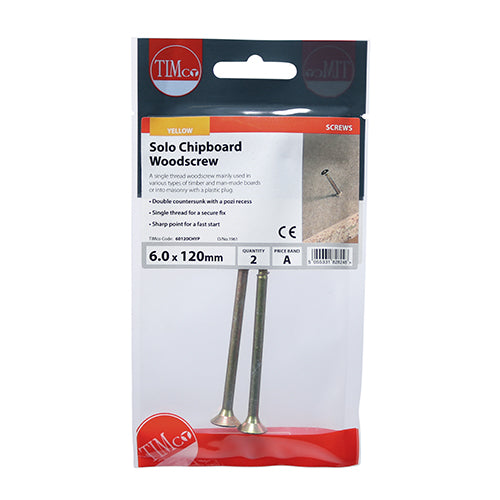 This is an image of Timco - Solo Woodscrews - PZ - Double Countersunk - Yellow 6.0 x 120mm - (2 PCS TIMpac) 60120CHYP