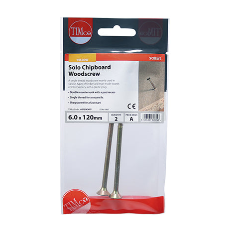 This is an image of Timco - Solo Woodscrews - PZ - Double Countersunk - Yellow 6.0 x 120mm - (2 PCS TIMpac) 60120CHYP