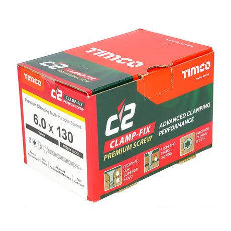 This is an image of Timco - C2 Clamp-Fix Screws - TX - Double Countersunk with Ribs - Twin-Cut - Yellow 6.0 x 130mm - (100 PCS Box) 60130C2C