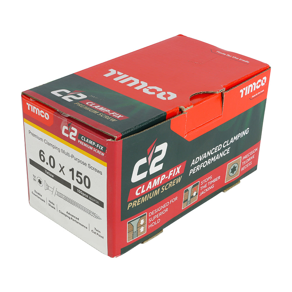 This is an image of Timco - C2 Clamp-Fix Screws - TX - Double Countersunk with Ribs - Twin-Cut - Yellow 6.0 x 150mm - (100 PCS Box) 60150C2C