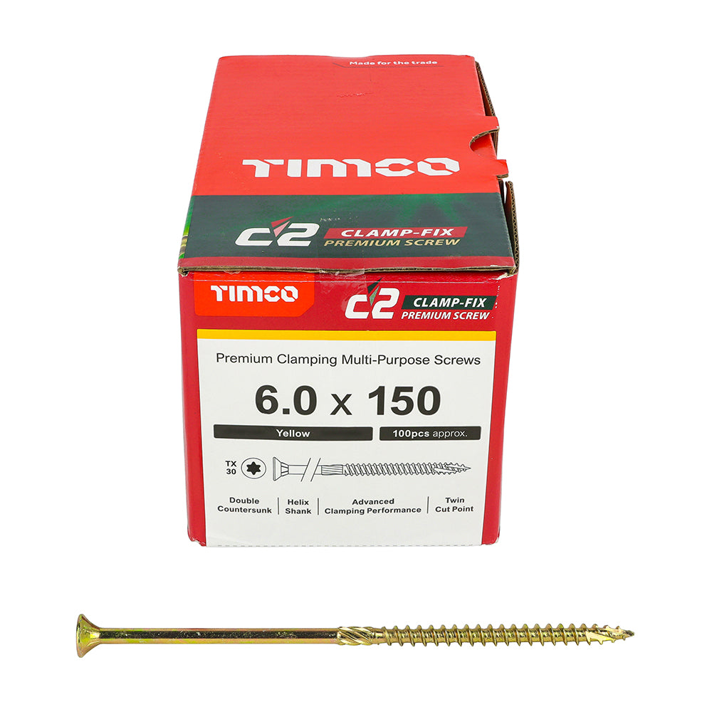 This is an image of Timco - C2 Clamp-Fix Screws - TX - Double Countersunk with Ribs - Twin-Cut - Yellow 6.0 x 150mm - (100 PCS Box) 60150C2C