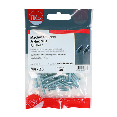 This is an image of Timco - Machine Screws - PZ - Pan & Hex Nuts - Zinc M6 x 16mm - (15 PCS TIMpac) 6016PPMHNP