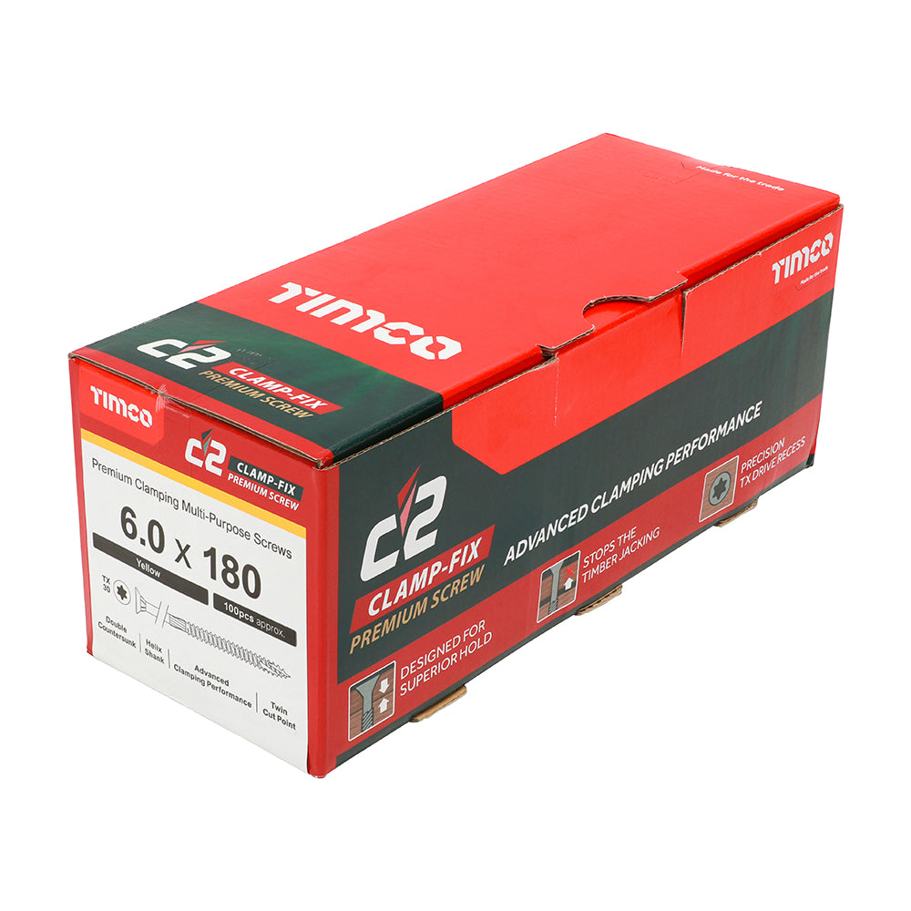 This is an image of Timco - C2 Clamp-Fix Screws - TX - Double Countersunk with Ribs - Twin-Cut - Yellow 6.0 x 180mm - (100 PCS Box) 60180C2C