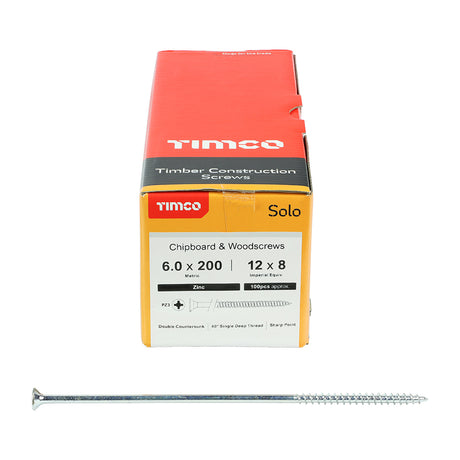 This is an image of Timco - Solo Chipboard & Woodscrews - PZ - Double Countersunk - Zinc 6.0 x 200mm - (100 PCS Box) 60200SOLOZ
