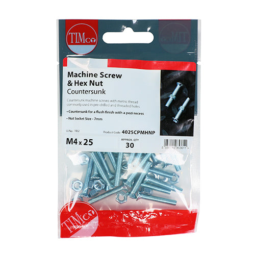 This is an image of Timco - Machine Screws - PZ - Countersunk & Hex Nuts - Zinc M6 x 20mm - (20 PCS TIMpac) 6020CPMHNP