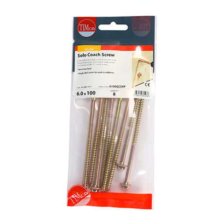This is an image of Timco - Solo Coach Screws - Hex Flange - Yellow 6.0 x 100mm - (8 PCS TIMpac) 6100SCSYP