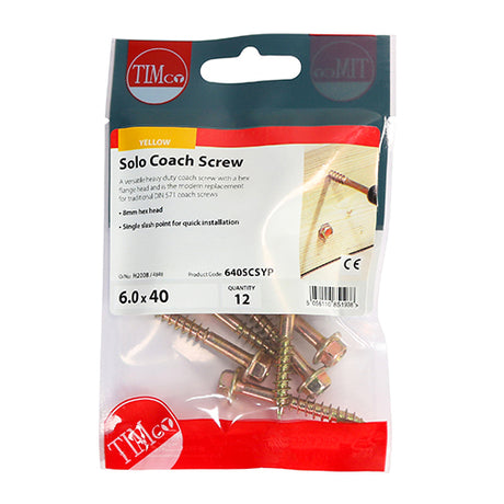 This is an image of Timco - Solo Coach Screws - Hex Flange - Yellow 6.0 x 40mm - (12 PCS TIMpac) 640SCSYP