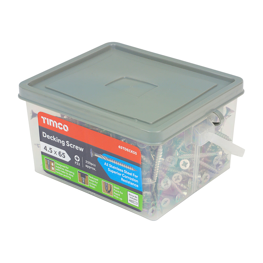 This is an image of Timco - Decking Screws - PZ - Double Countersunk - Stainless Steel 4.5 x 65mm - (250 PCS Tub) 65TDECKSS