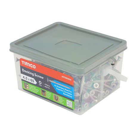 This is an image of Timco - Decking Screws - PZ - Double Countersunk - Stainless Steel 4.5 x 65mm - (250 PCS Tub) 65TDECKSS